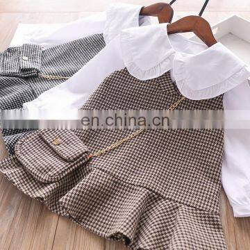 New 2 color doll collar houndstooth satchel two-piece girl suit children's clothing