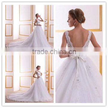 Gorgeous Brilliant V-neck Appliqued Image Ball Gown Wedding Dress with Open Back