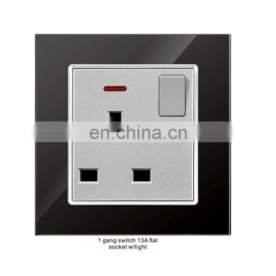 New design 15A golden red black glass panel three-pole socket plug electrical wall socket switch panel