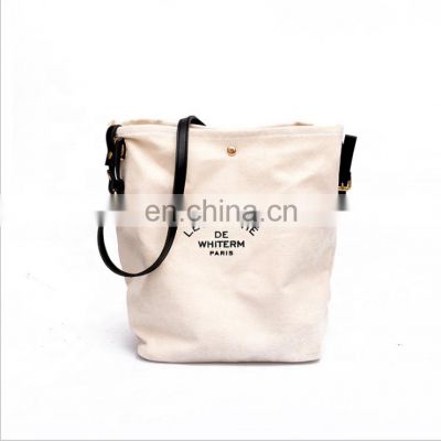 Shopping Cotton Tote Bag Women Canvas Shoulder Bag with Leather Handles