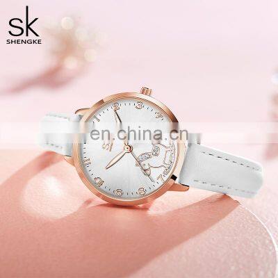 SHENGKE Cute Girls Handwatch K9027 Ultra White Band Watches Night Light Function with Shining Stone Student Wristwatch