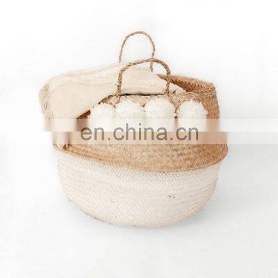 Dipped Black Seagrass Belly Basket With Pompom Plant Holder Storage Basket Decor Home High Quality