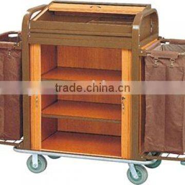 Hotel wood and metal housekeeping Cart with two canvas bags