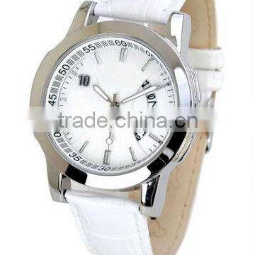 Calender Display Business Men leather top Watches,fahionable white leather watch for boys