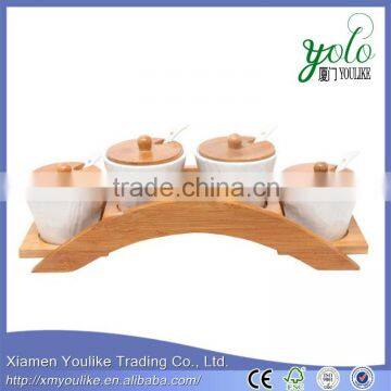 Ceramic Condiment Spice Jars Bamboo Lids Bamboo Bridge Holder Rack