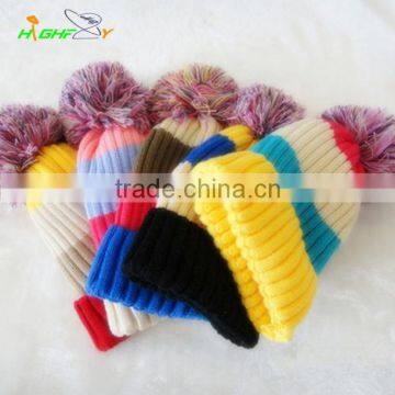 wholesale/quality kniting Stripe Bobble Hat/Custom Beanie Hat, Top Ball/Pom Beanie/colorful ski cap for woman