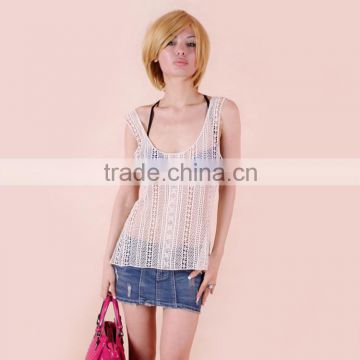 latest clothes sleeveless women white lace top