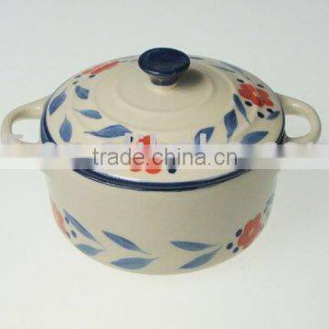 Stoneware casserole with hand painted flower design