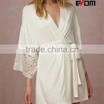 Customize ladies luxury cotton knee length robe, sexy lace trim long sleeve kimono robe 2017018