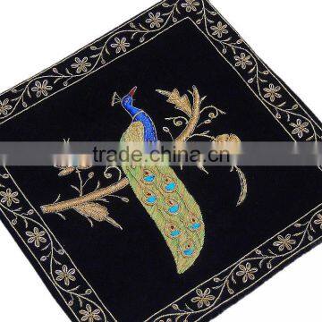Black Decorative Peacock Pillowcase Dabka Handmade Couch Velvet Ethnic Cushion photo-2