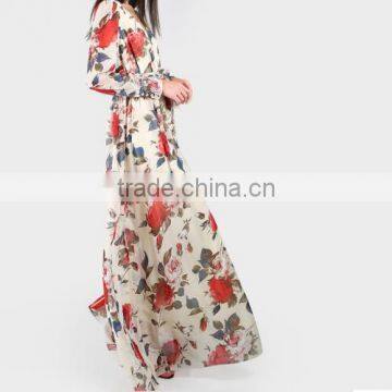 One-piece Dress Deep V Printed Floral Beige Chiffon Dress photo-2