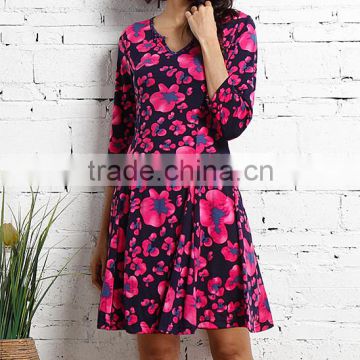 New Arrivals Women Dresses With Navy And Fuchsia Floral Notch Neck Dress Women Casual Dress Women Clothes GD90426-49