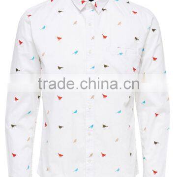 Men's Long Sleeve Birds Pattern Cotton Shirt photo-3