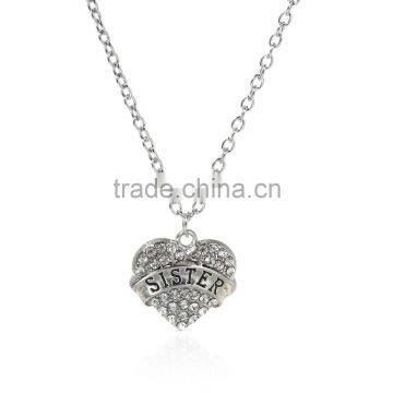 New Fashion Silver Tone " SISTER " Carved Heart Pendant Clear Rhinestone Link Cable Chain Necklace