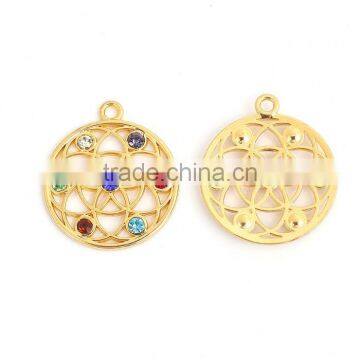 Zinc Based Alloy Yoga Healing Pendants Round Gold Plated Multicolor Rhinestone photo-3