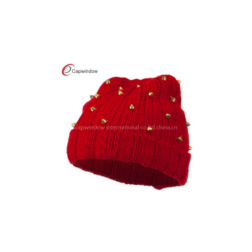 Berry Hematite Stud Knit Winter Hats Red Elastic For Ladies