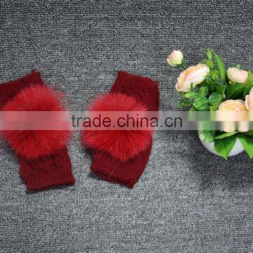 Customized Winter Acrylic Knitted Gloves With Exposed Fingers / Wine Red Gloves With Detachable Rabbit Fur Pompon