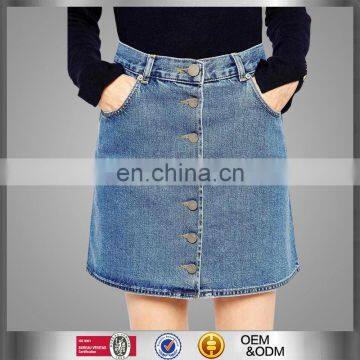 Wholesale Products Dongguan Factory Denim Dolly Button Through Skirt In Mid Wash Europe Blue Slim Fit Denim Skirt