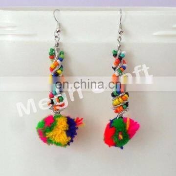 Pom Pom Earring Colorful Earrings-Gypsy Boho Hoop Earrings-Tribal Tassel pom pom Earrings