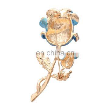Fashion Wholesale Gold Plating White Rhinestone Blue Enamel Rose Brooch for Women photo-2