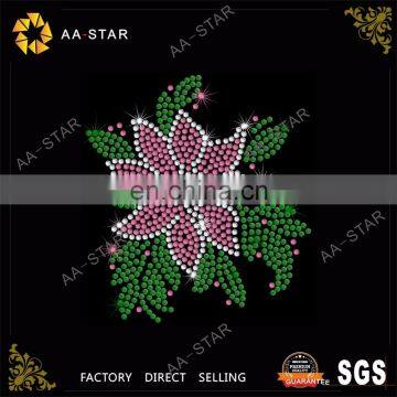 Pink Flower Korean Crystals Rhinestone Motif With Green Leaves Design
