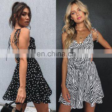 Wholesale Low Price  Hot Style Sexy Factory Spaghetti Strap Animal Print V-neck Women's Beach Print Skirt Loose Dress