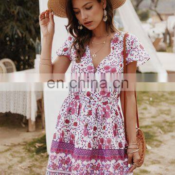 Hot Sale Women Deep V-Neck Casual Dresses Lady Holiday Print Short Sleeve Floral Summer Dress photo-3