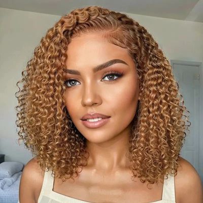 14inch Light Brown 5x5 Glueless Lace Closure Wig Deep Wave Colored Pre Plucked Bob Human Hair Lace Front Wig For Women