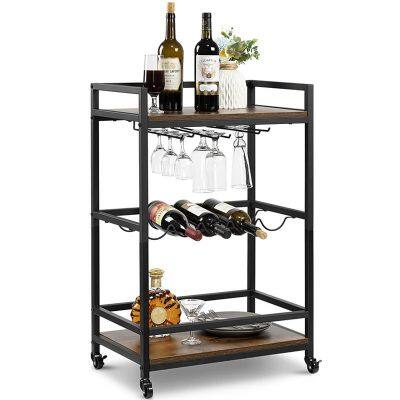 Bar Cart For The Home, 3-Tier Kitchen Cart With Wine Rack And Glass Holder