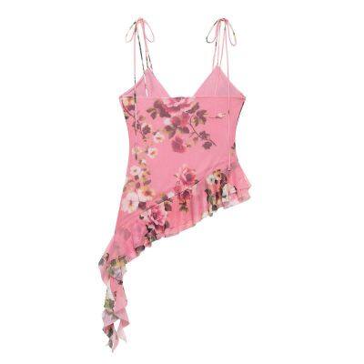 Spring and summer new printed silk satin texture suspender top skirt