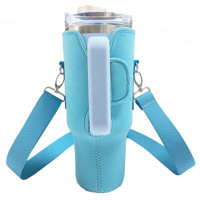Custom Tumbler Pouch Reusable Insulated Neoprene 40oz Tumbler Sleeve Water Bottle Carrier With Pocket and Shoulder Strap photo-2