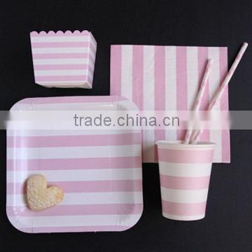 Cookie Plates Disposable Cups Straws Treat Box Napkin Pink Dot Striped Tableware SET