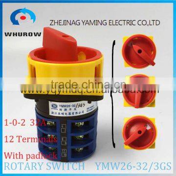 Cam switch YMW26GS-32/3 with padlock Ui 690V Ith 32A 3 poles 3 Positions on-off-on 12 Terminal selector changeover rotary switch