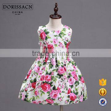 beautiful pink/navy-blue rose pattern sleeveless cotton girl dress