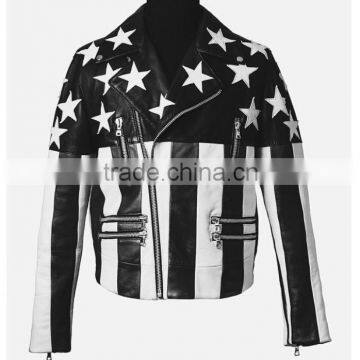 Men White Stars Biker Motorcycle Genuine Leather Jacket