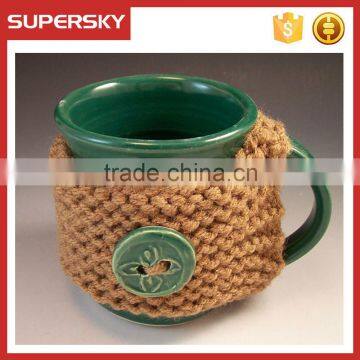 V-157 Handmade crochet knitted cosy sleeve cup mug sweater/button sweater/cup accessory