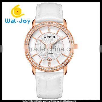 WJ-5528 simple with diamond face leather wth calendar fashion quartz Megir waterproof lady wrist watch