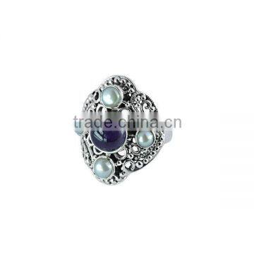 925 Sterling Silver Pearl & Amethyst Gemstone Ring Jewelry