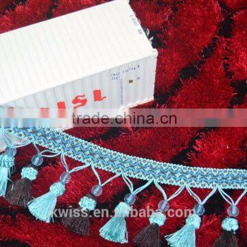 classic polyester curtain lace,cheap blue tassels