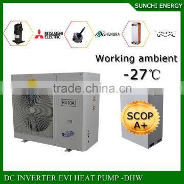 Norway EVI tech.-25C winter floor heating 100~250sq meter room 12kw/19kw/35kw high COP hot water pumps domestic split heat pump