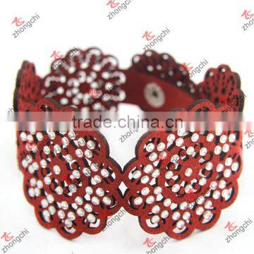 Red Leather Shinny Crystal flower Bracelet for Fashion Cloth Accessories (LB151101)