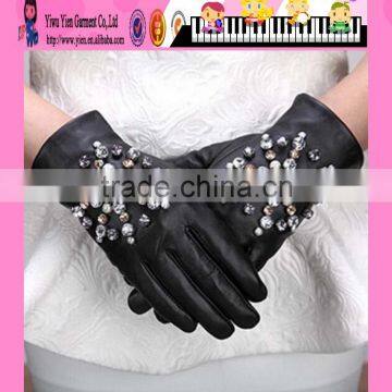 New Styles Black Winter Leather Gloves Crystal Female Winter Leather Gloves