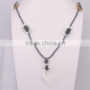 Charm White Crescent Shell Gem Necklace, with 3mm Black Hematite Beads Necklace, Horn Pendant Druzy Natural Stone Necklace