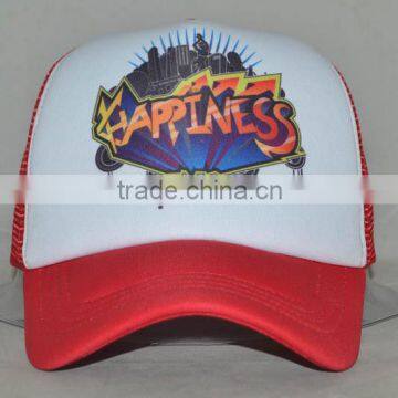 Guangzhou hat factory professional custom / 100% polyester fiber/white and red logo/printing/sponge trucker hats