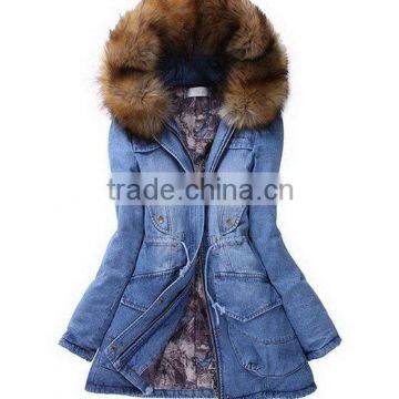 Top Design Women's Fur Hooded Denim Jacket Jeans Coat