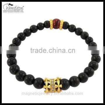 8MM Black Obsidian Stone Bracelet Elastic Jewelry with IP Gold Stainless Steel Charms