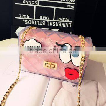 2016 New Fashion Women Lady Eyes and Red Lips PVC silicone Candy Jelly Quilted Chain Crossbody bag