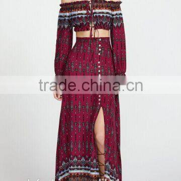 Picture of Long Skirts and Tops Vintage Print Drawstring Top With Split Skirt photo-6