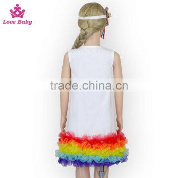 Summer Girls Sleeveless White Above Knee Dress With Colorful Rainbow Tulle Hem photo-5