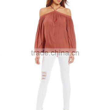 2017 Summer New Look Pullover Construction Sleeve Opening Cold Shoulder Blouse photo-2